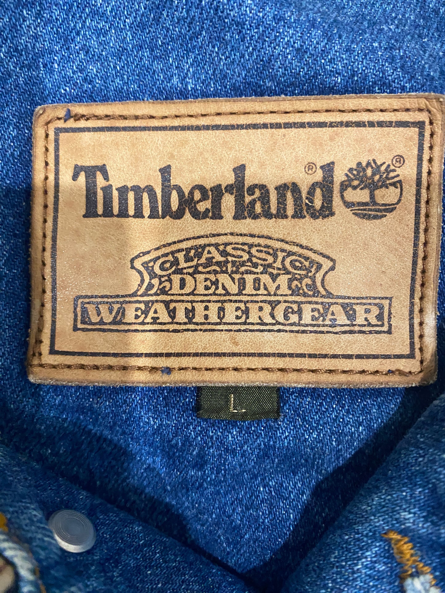 Timberland Denim Jacket Mens Large Blue Jean Jacket Leather Collar Workwear