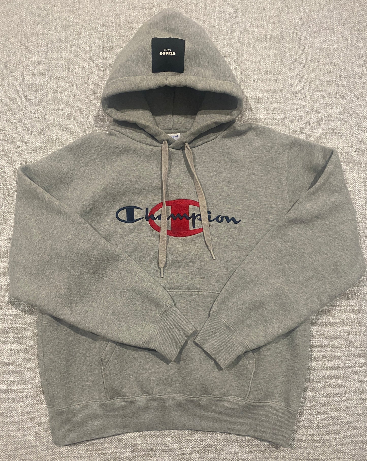 Champion x atmos Tokyo Hoodie Womens Large Grey Big Logo Pullover Sweatshirt