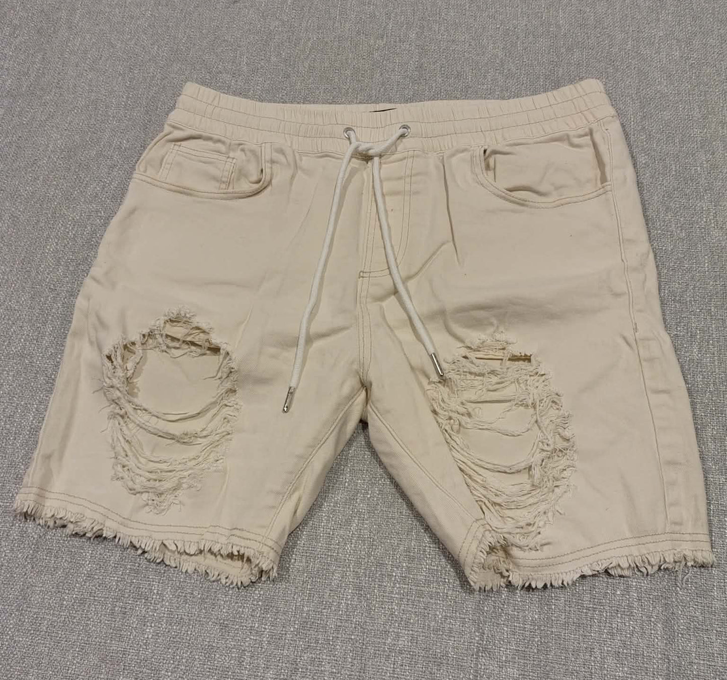 New Slaves Distressed Sweat Shorts Cream XL Raw Hem Streetwear