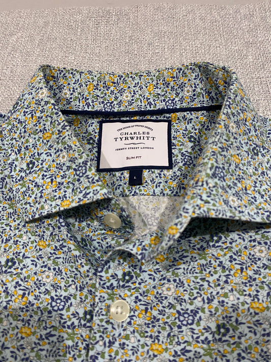 Charles Tyrwhitt Shirt Mens Large Floral Slim Fit Button Up Long Sleeve Cotton