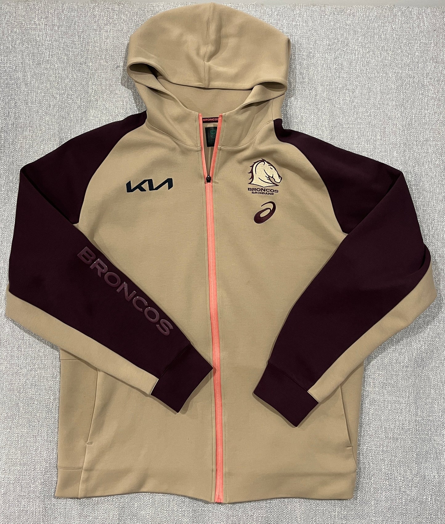 Brisbane Broncos NRL Hoodie Jacket Mens 3XL Asics Full Zip Beige Maroon KIA
