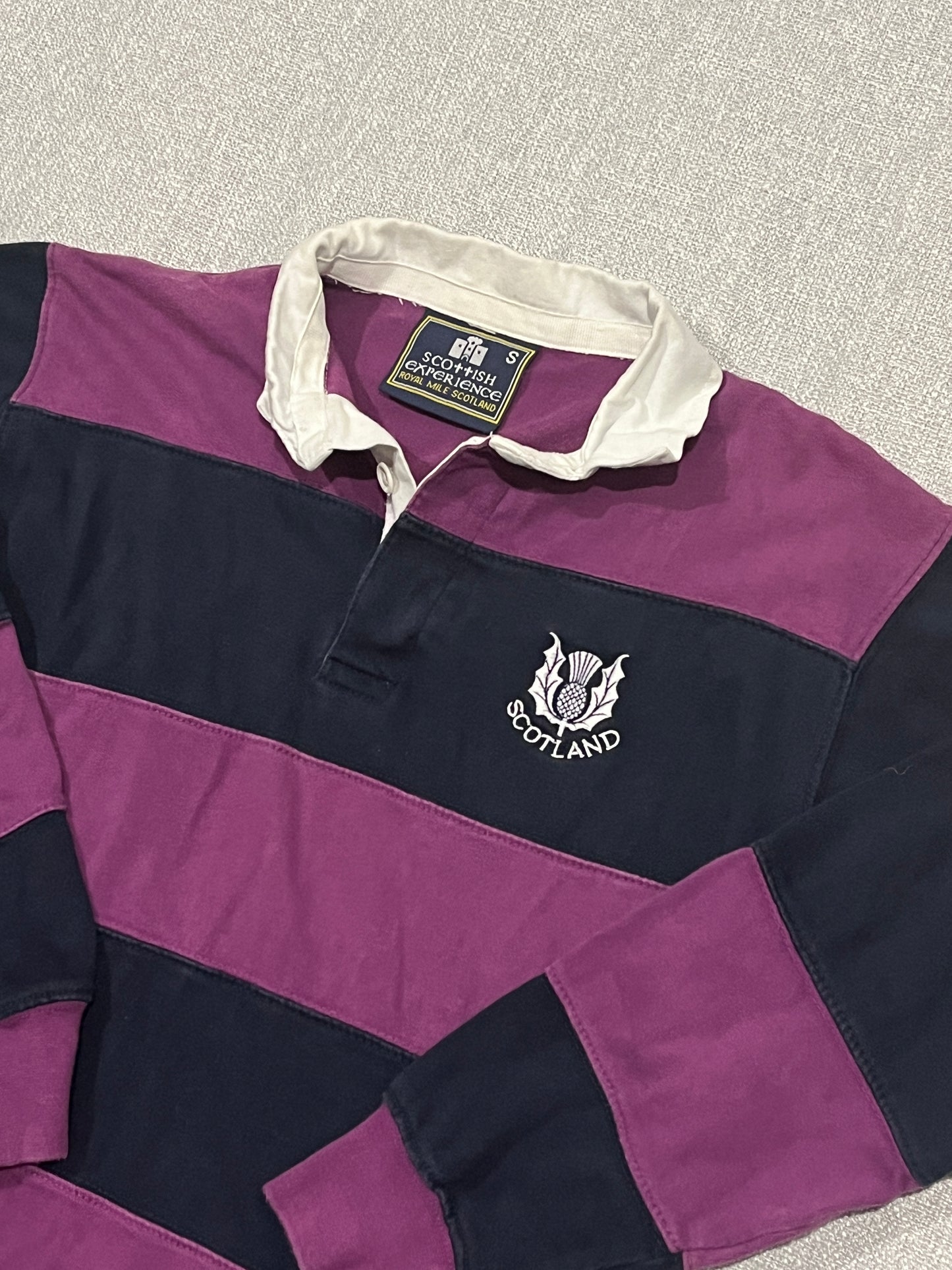 Scottish Experience Scotland Rugby Jersey Purple Navy Striped Long Sleeve Size S