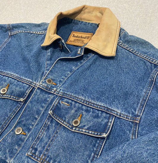 Timberland Denim Jacket Mens Large Blue Jean Jacket Leather Collar Workwear