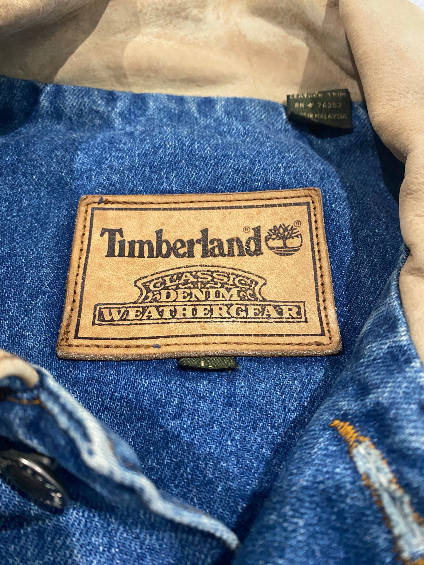 Timberland Denim Jacket Mens Large Blue Jean Jacket Leather Collar Workwear