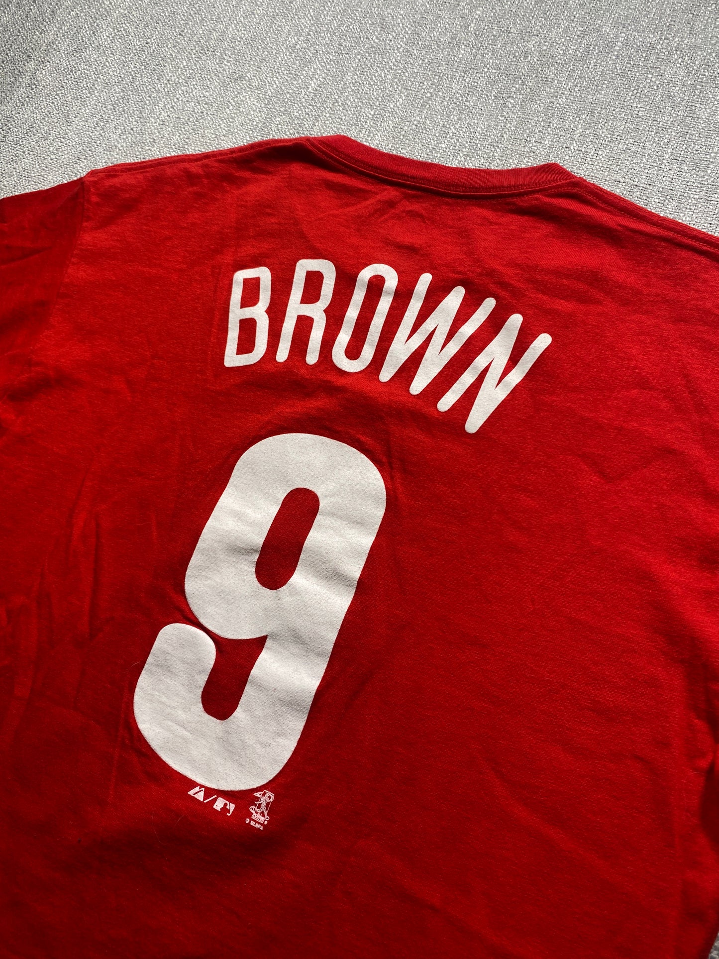Majestic Phillies T Shirt Mens Large Red MLB Brown 9 Graphic Tee