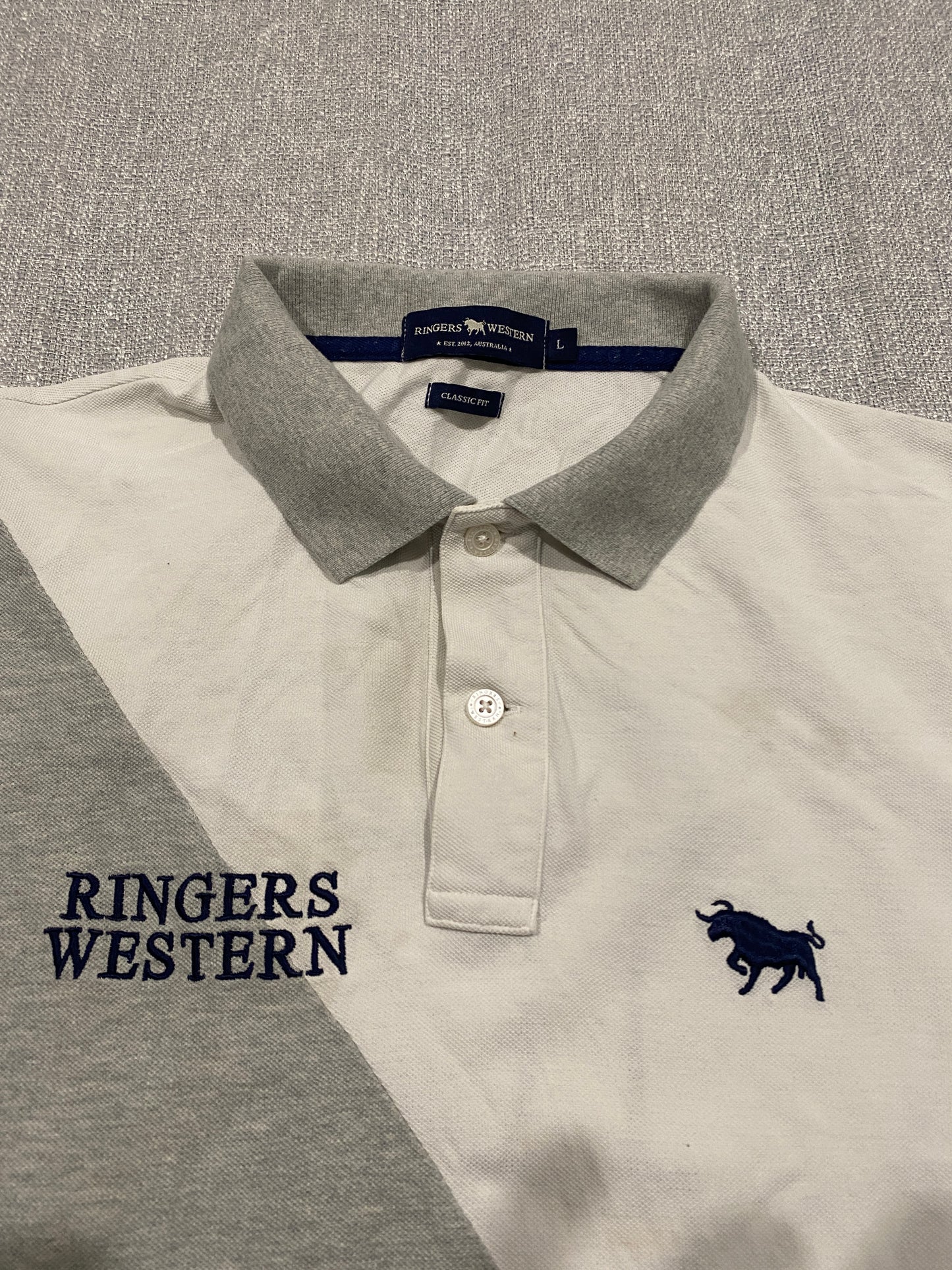 Ringers Western Classic Fit Polo Shirt Men’s Large White Grey Rugby Casual