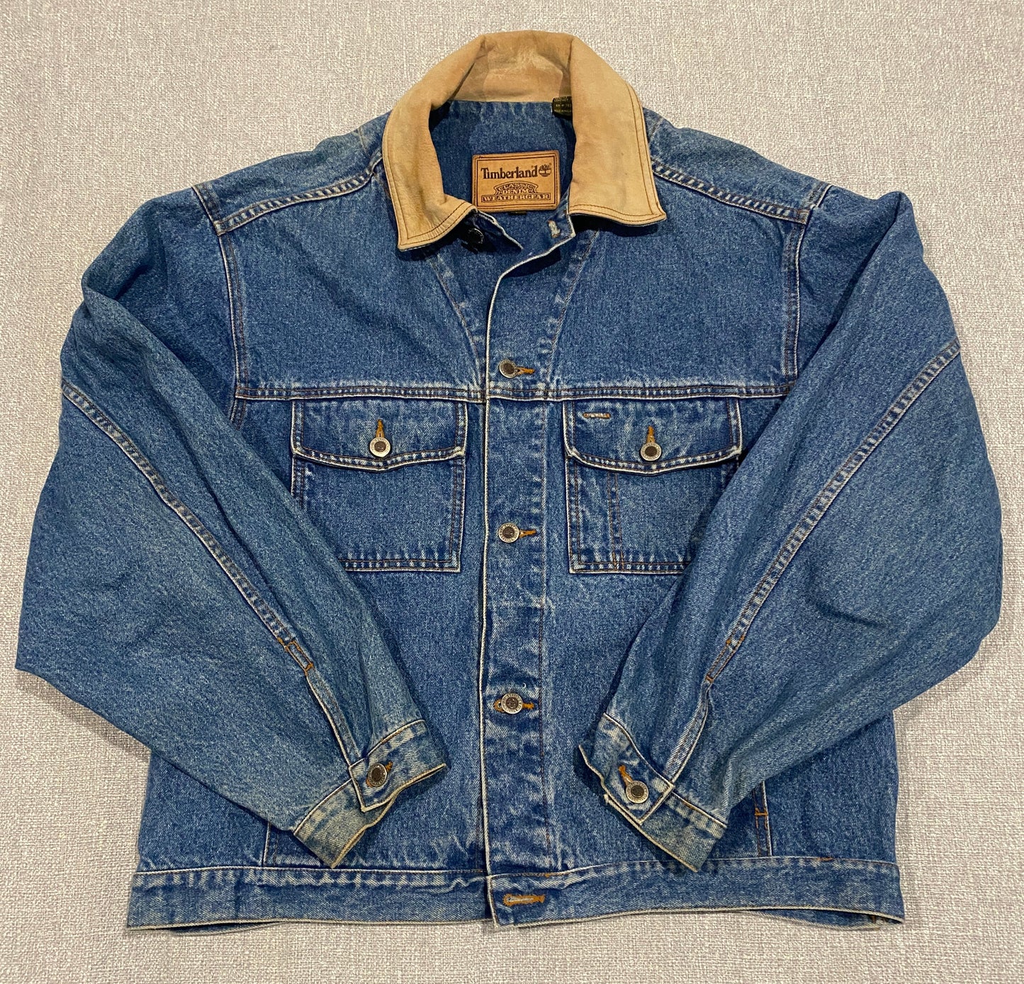 Timberland Denim Jacket Mens Large Blue Jean Jacket Leather Collar Workwear