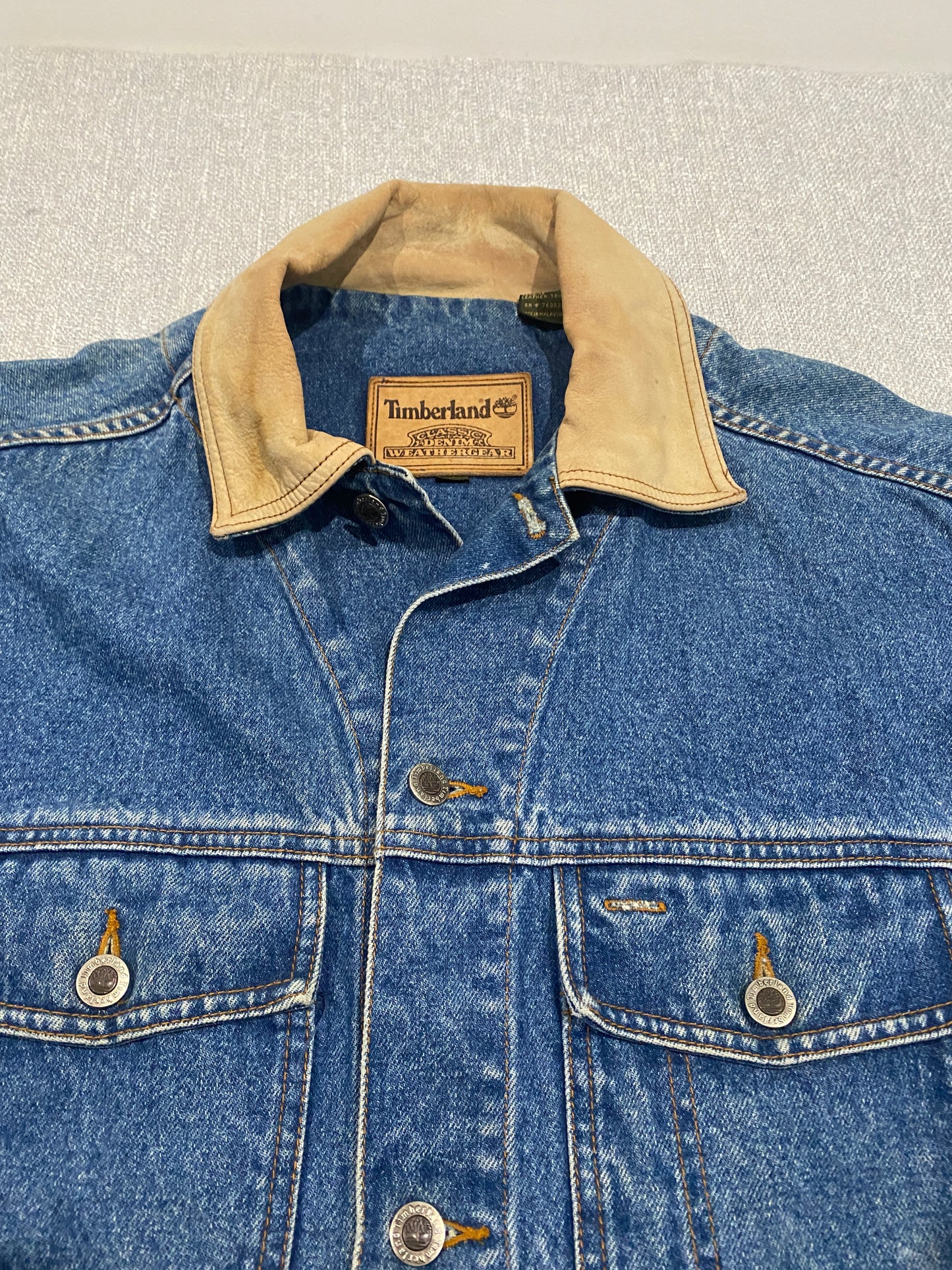 Timberland Denim Jacket Mens Large Blue Jean Jacket Leather Collar Workwear