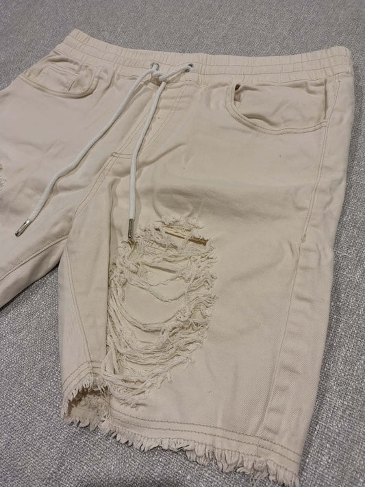 New Slaves Distressed Sweat Shorts Cream XL Raw Hem Streetwear