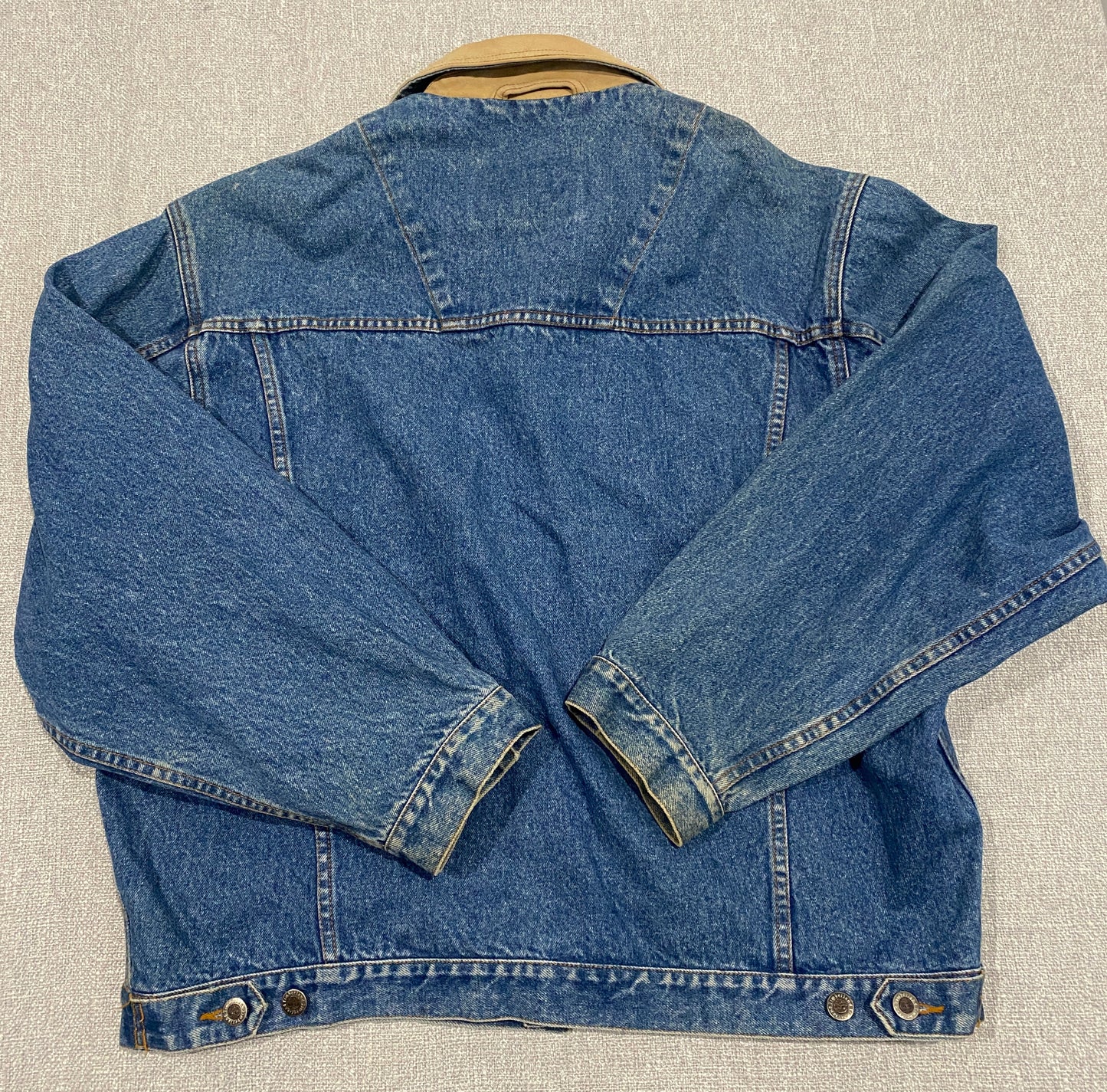 Timberland Denim Jacket Mens Large Blue Jean Jacket Leather Collar Workwear