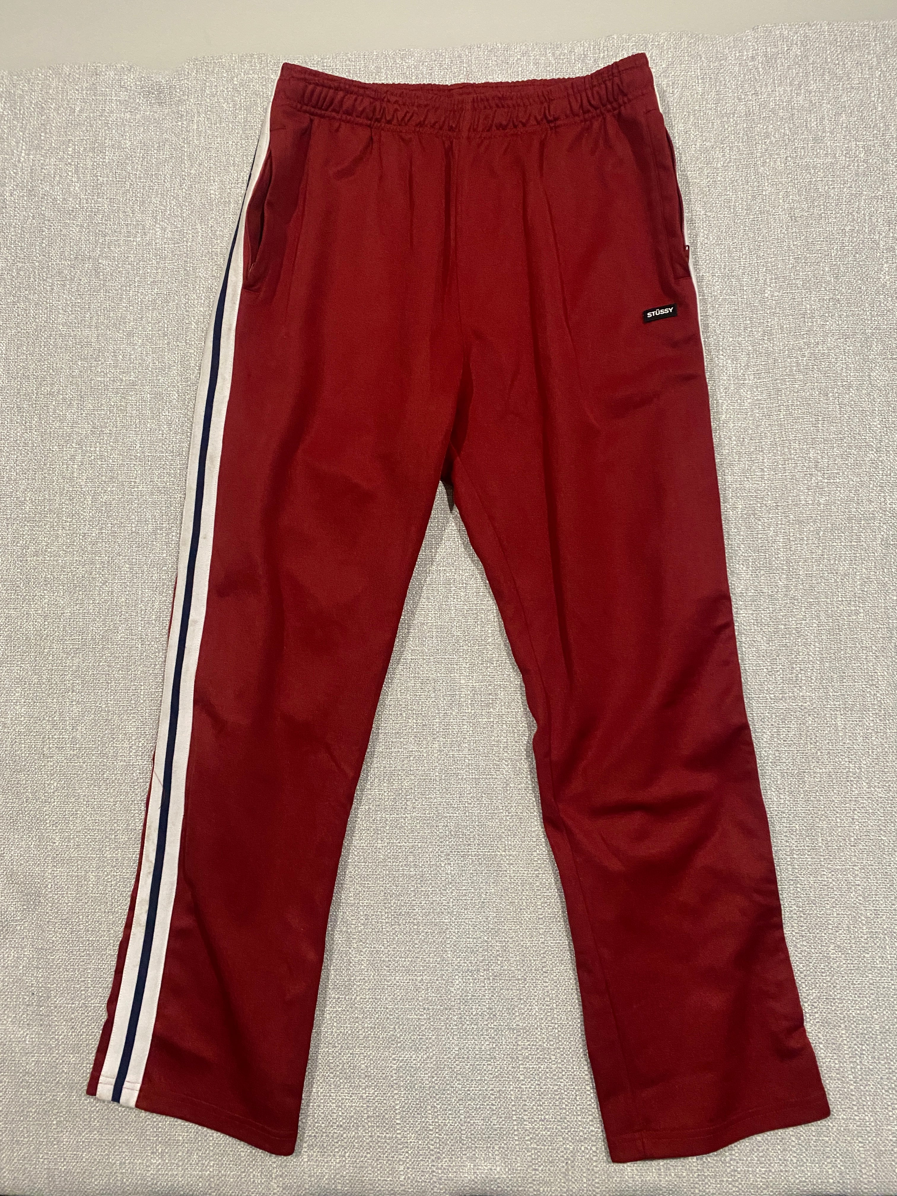 Stüssy Red Track Pants with White and Navy Side Stripes