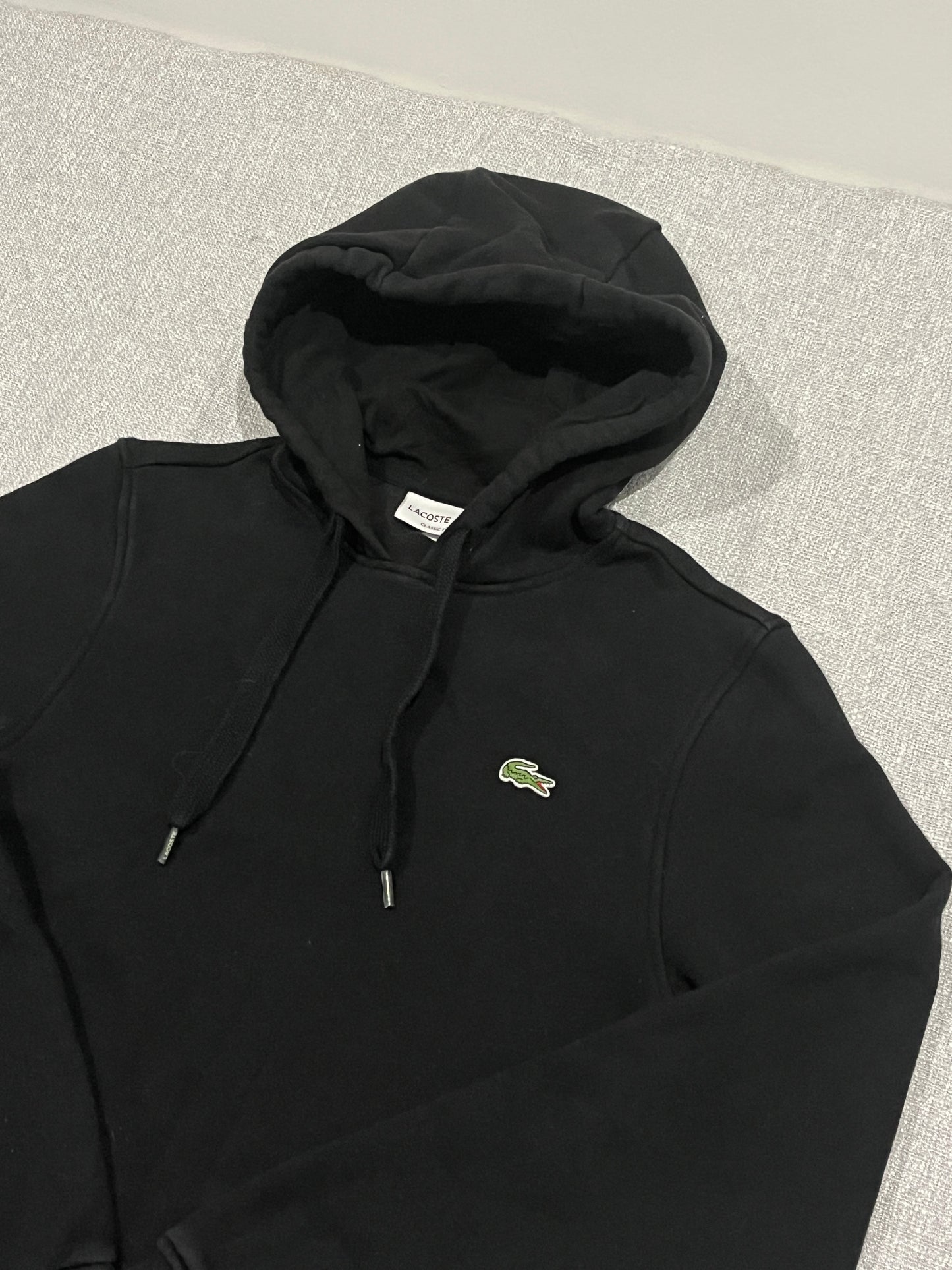 Lacoste Hoodie Womens XS Black Classic Fit Pullover Hooded Sweatshirt