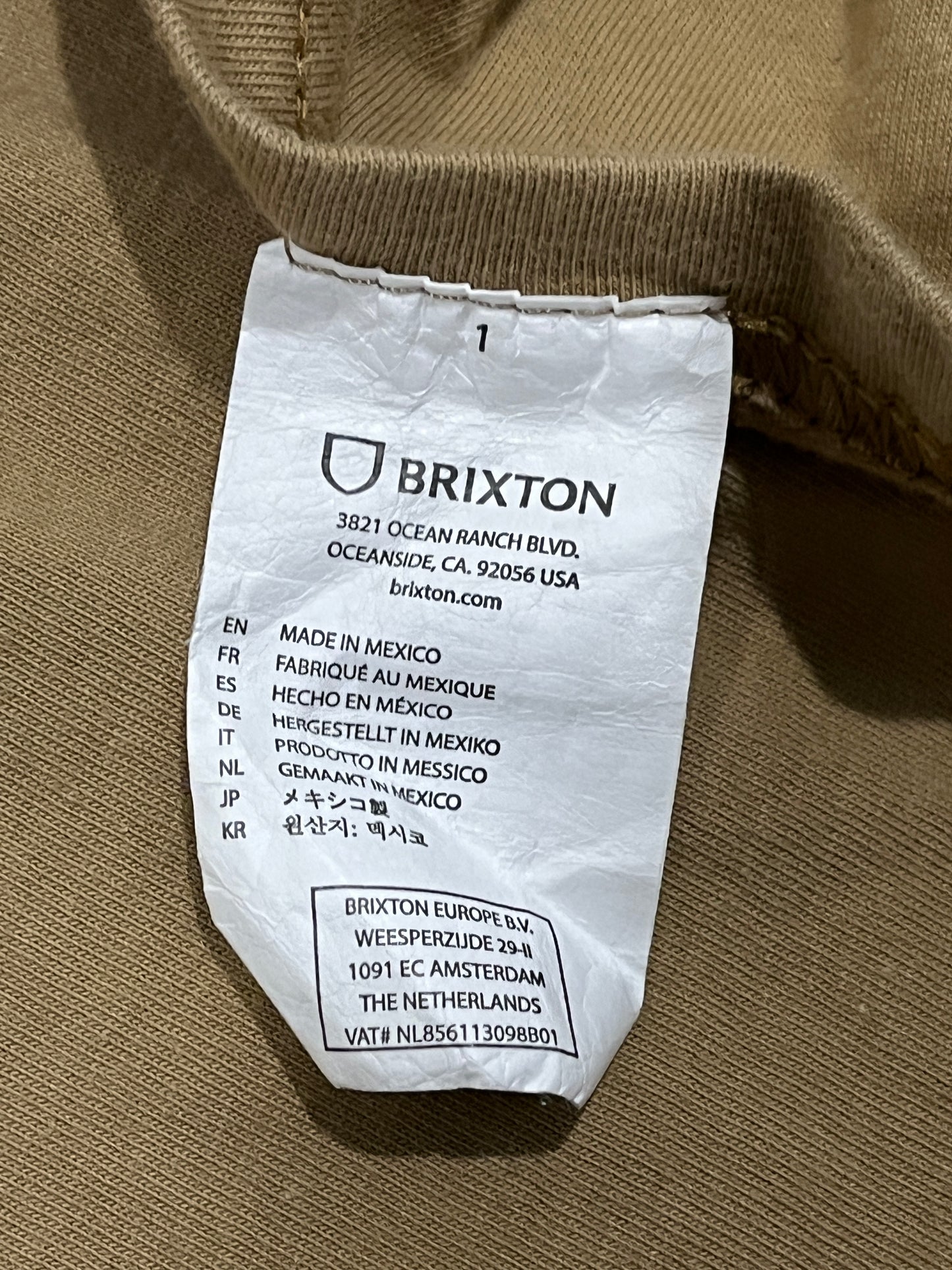Brixton men’s Large tan tee with blue logo