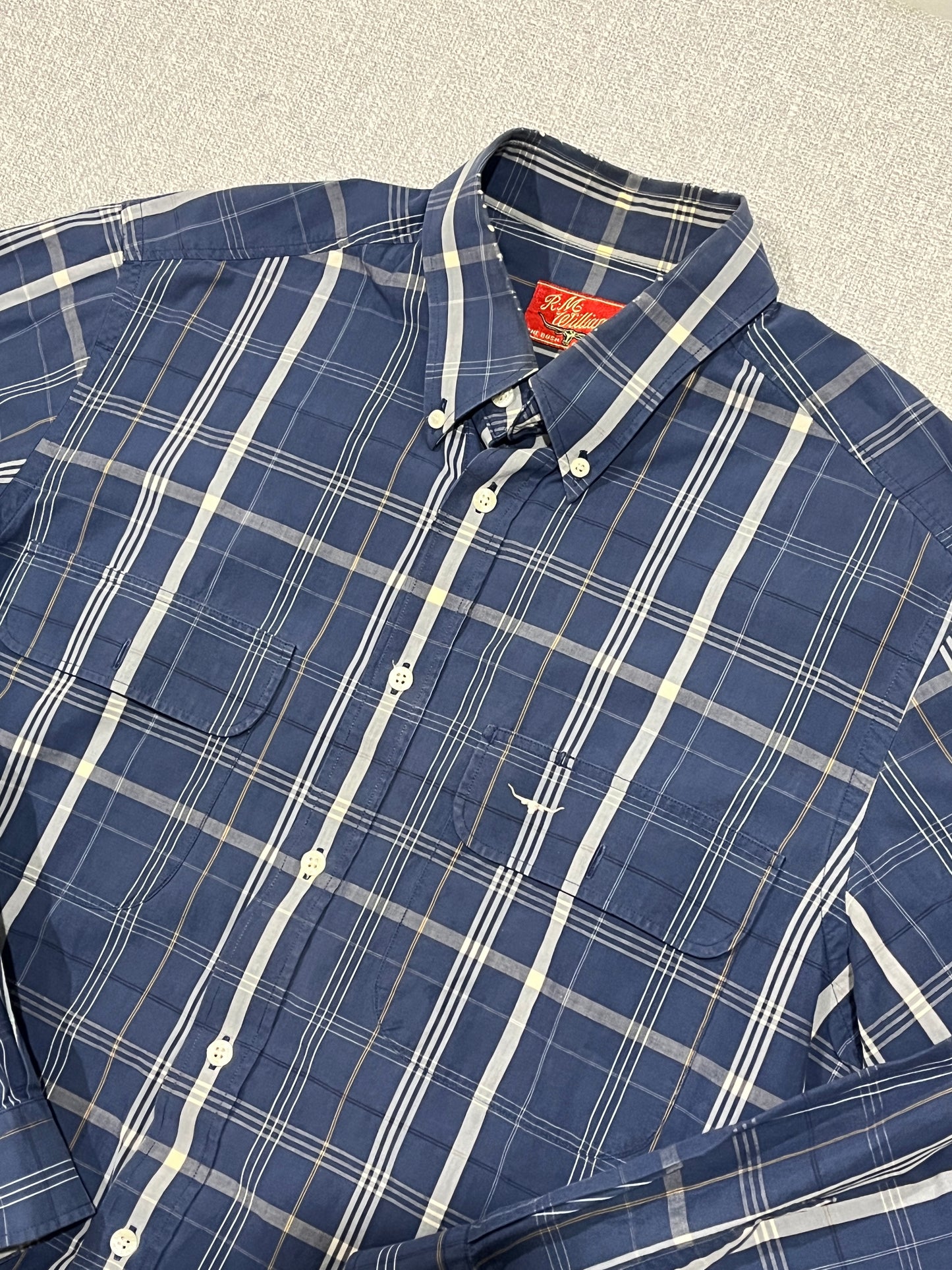 R.M. Williams Blue Check Long Sleeve Button Up Shirt Mens Large Cotton
