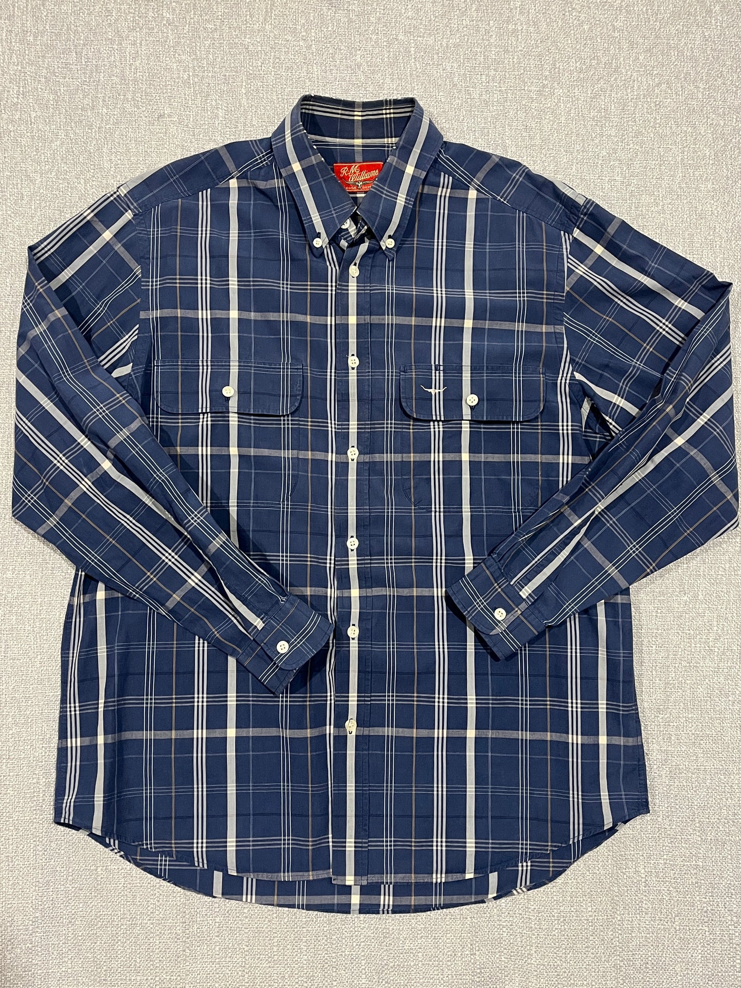 R.M. Williams Blue Check Long Sleeve Button Up Shirt Mens Large Cotton