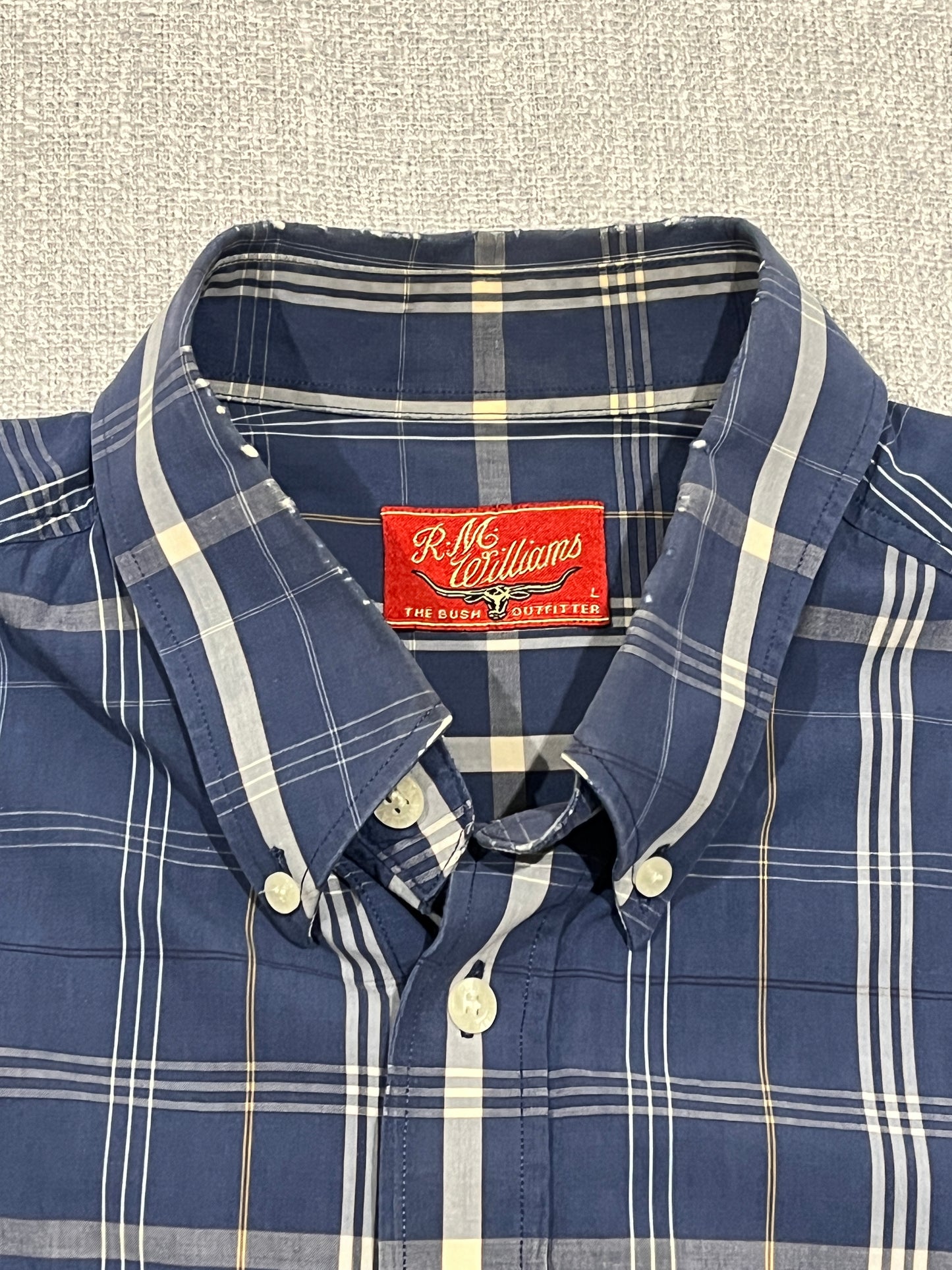 R.M. Williams Blue Check Long Sleeve Button Up Shirt Mens Large Cotton