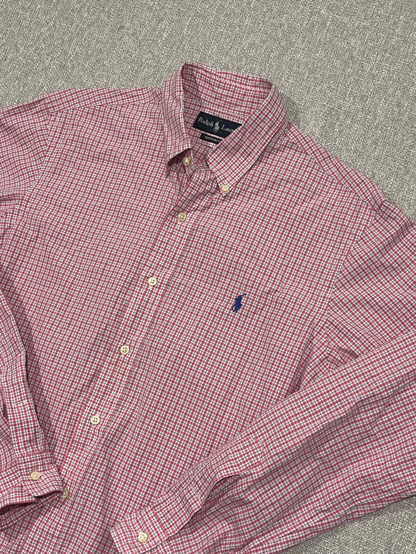 Ralph Lauren Custom Fit Button Down Shirt Mens Large Pink Blue Check Long Sleeve 16 Neck