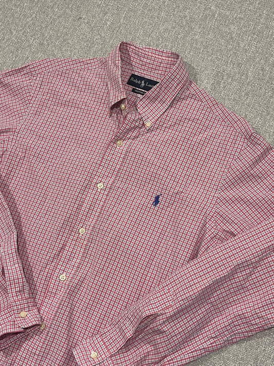 Ralph Lauren Custom Fit Button Down Shirt Mens Large Pink Blue Check Long Sleeve 16 Neck