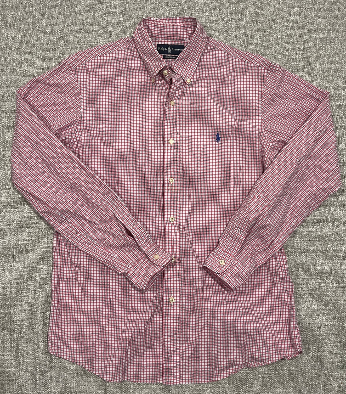 Ralph Lauren Custom Fit Button Down Shirt Mens Large Pink Blue Check Long Sleeve 16 Neck
