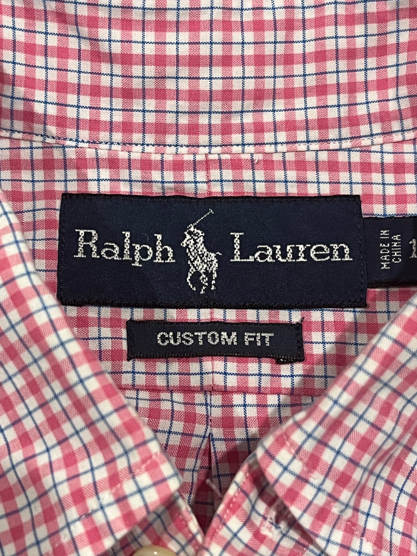 Ralph Lauren Custom Fit Button Down Shirt Mens Large Pink Blue Check Long Sleeve 16 Neck