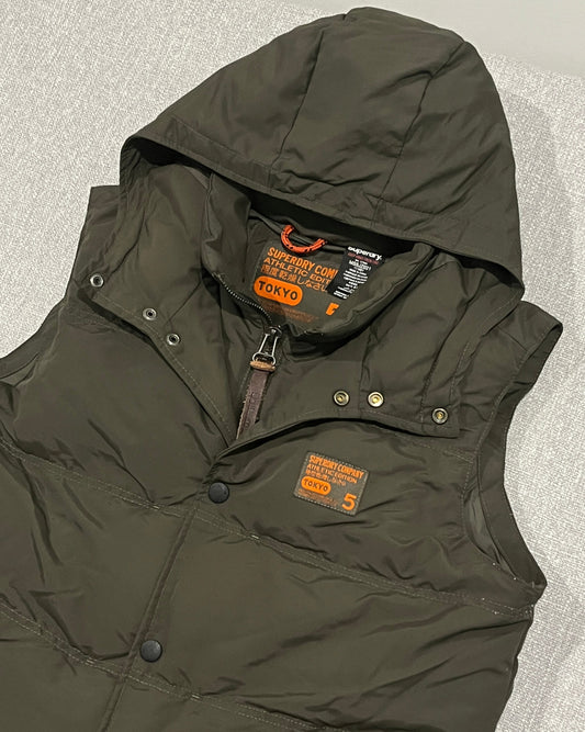 Superdry Tokyo 5 Hooded Puffer Vest Mens Large Olive Green Hooded Gilet Nylon