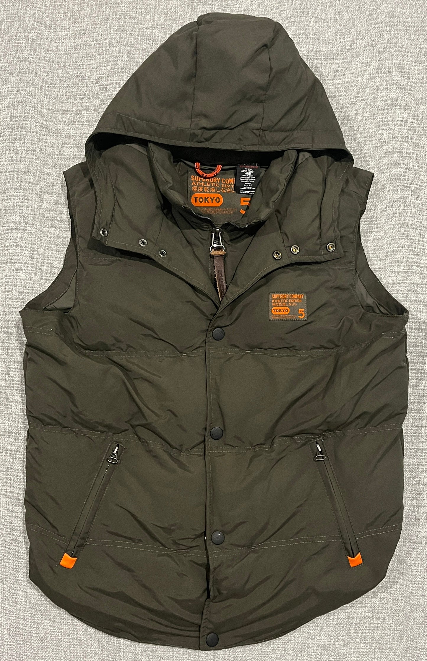 Superdry Tokyo 5 Hooded Puffer Vest Mens Large Olive Green Hooded Gilet Nylon